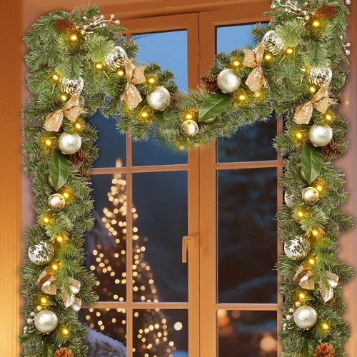 Vista 10 de Guirnalda de Navidad Iluminada para Interiores y Exteriores, Decoraciones de Guirnaldas de Navidad Artificiales con Luz de Repisa, Bastón
