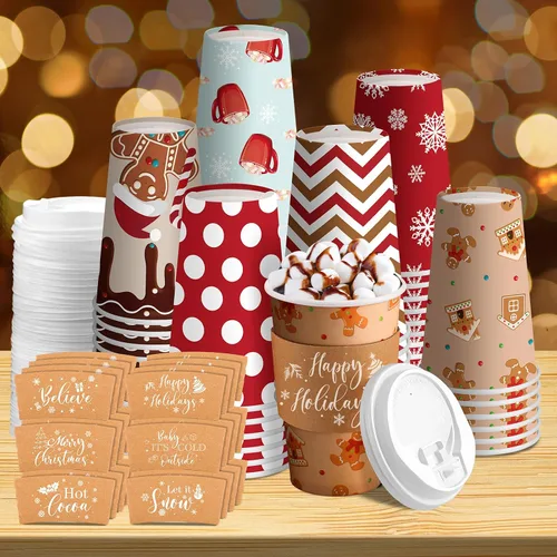 Vista 10 de 36 juegos/108 vasos de papel de Navidad de 16 onzas desechables de Navidad para llevar, tazas de café con tapas y mangas, taza de café de cacao