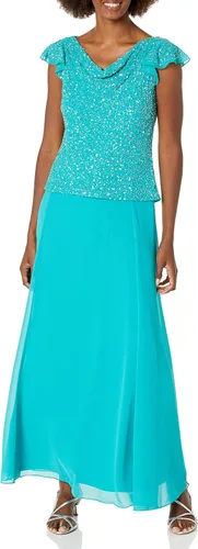 Vista 12 de J Kara Vestido largo de manga con volantes y cuello redondo y cuentas para mujer Champán Multi
