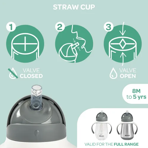 Vista 6 de BEABA - Vaso para sorber con popote de acero inoxidable, vasos aislados a prueba de derrames con asas extraíbles, fabricado con acero inoxidable