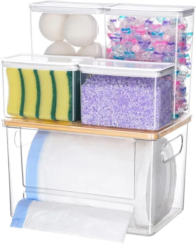 Vista 8 de iCASA Trash Bag Dispenser Organizer - Large 3 in 1 Garbage Bag Dispenser Holder Dishwasher Pods Container, Clear Under Kitchen Sink Organizer, 2pcs