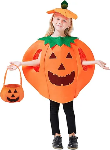 Vista 2 de Disfraz de calabaza de Halloween para niños conjunto de disfraz de calabaza y Halloween con bolsa de mano de calabaza y sombrero para fiesta