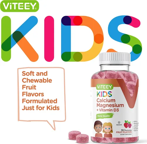 Vista 2 de VITEEY Gomitas de calcio para niños + vitamina D3 y citrato de magnesio para niños y adolescentes – Apoya la salud ósea, el apoyo inmunológico