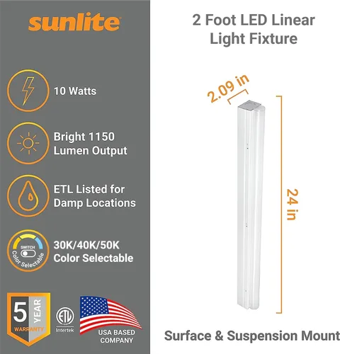 Vista 2 de Sunlite 85550 - Tira de luz lineal LED de 2 pies, 10 vatios, 1150 lúmenes, seleccionable 3 CCT 3000K-5000K, regulable, vida útil de 50,000 horas, 83