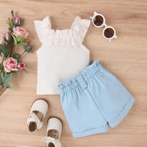 Vista 100 de TheFound Trajes de verano para niñas pequeñas, sin mangas, de punto acanalado, halter, pantalones cortos, ropa para recién nacidos, conjunto de 3