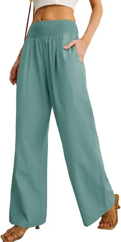Vista 4 de PrinStory Pantalones palazzo de lino y algodón para mujer, de cintura alta, pierna ancha, pantalones largos con bolsillo