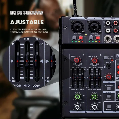 Vista 5 de BOMGE 04E mezclador de audio de karaoke, mezclador de 4 canales con micrófono inalámbrico UHF dual de 329 pies, consola de tablero de sonido
