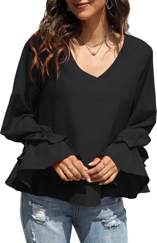 Vista 4 de LYANER - Blusa de manga larga con cuello en V y volantes escalonados para mujer, estilo túnica, estilo casual negro#