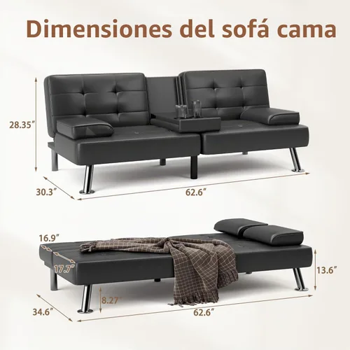 Vista 2 de Shahoo - Sofá cama convertible tipo futón plegable para sala de estar, sofá cama con respaldo tapizado de cuero sintético, sillón con reposabrazos