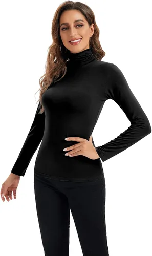 Vista 4 de Camiseta de manga larga con cuello alto para mujer, suave, elástica, capa base ajustada.