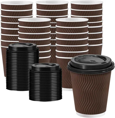 Vista 15 de Tazas de café desechables de 12 onzas con tapas, tazas de papel de café con tapas para llevar, tazas calientes aisladas para bebidas calientes