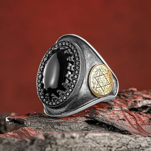 Vista 2 de Anillo de plata de ley 925 maciza con sello de Salomón con piedra de ónix
