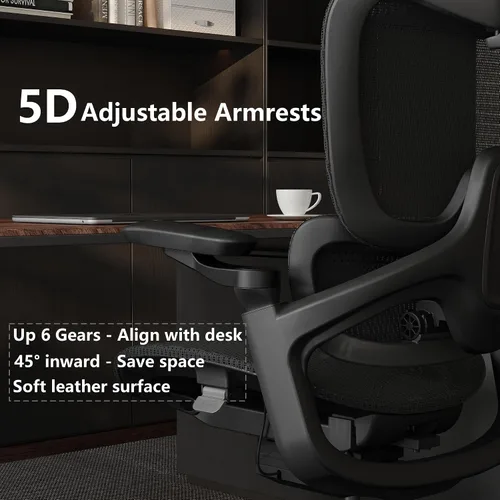 Vista 5 de Silla de oficina ergonómica, silla de escritorio grande y alta para el hogar con soporte lumbar 3D ajustable, reposabrazos 5D, reposabrazos 4D Negro