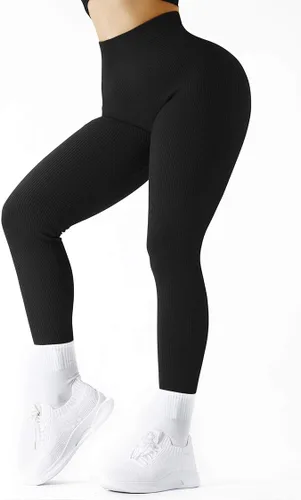 Vista 3 de SUUKSESS - Leggings acanalados de tiro alto y sin costuras para mujer, pantalones deportivos de yoga para gimnasio y entrenamiento