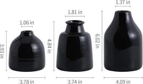 Vista 5 de Juego de 3 jarrones negros pequeños para decoración moderna del hogar, jarrones de cerámica para centros de mesa, jarrones de flores para sala