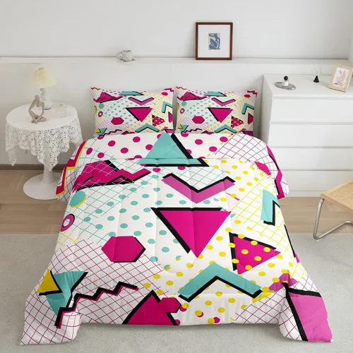 Vista 26 de Juego de edredón de estilo retro de los años 80, juego de ropa de cama de patrón geométrico abstracto, diseño urbano moderno con círculos