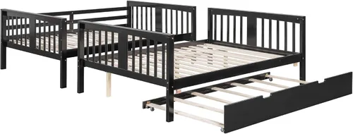 Vista 7 de Harper & Bright Designs Literas de tamaño matrimonial sobre matrimonial con cama nido, marco de cama de madera con barandilla de longitud completa