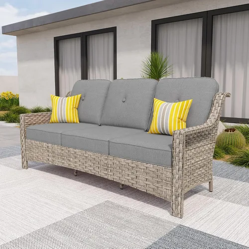 Vista 77 de HOOOWOOO Sofá de patio de 3 plazas de mimbre para exteriores, resistente a todo tipo de clima, con respaldo alto, muebles a juego (beige y bronceado)