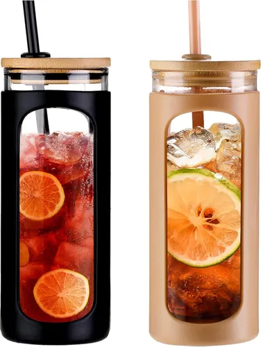 Vista 22 de Kodrine Vaso para agua de vidrio de 20 onzas con popote y tapa, botella de agua con tapas de bambú, taza para café helado, reutilizable, boca ancha