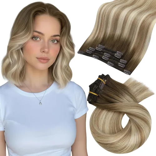 Vista 16 de Moresoo Extensiones de cabello humano con clip, balayage, color marrón oscuro a marrón dorado con clip, extensiones de cabello humano con clip, 5