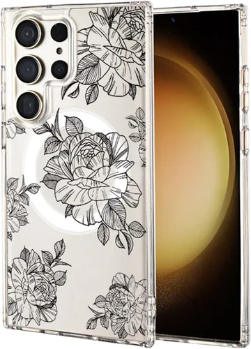 Vista 72 de Funda magnética para Samsung Galaxy S22 Ultra Flower, compatible con MagSafe, patrón floral transparente a prueba de golpes, parte trasera