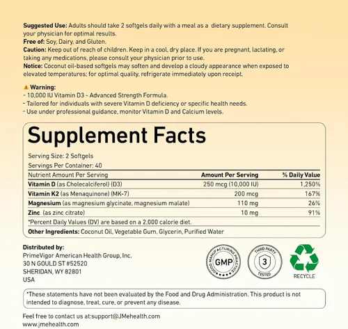 Vista 6 de JME Core Vitamin D3 K2 10,000 IU Softgels – with Magnesium + Coconut Oil