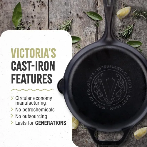 Vista 12 de Victoria - Set de sartén de hierro fundido de 12 pulgadas con tapa de vidrio templado, cubierta de mango grande y raspador de sartén