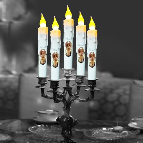 Vista 7 de Velas cónicas sin llama primitivas con temporizador, velas LED parpadeantes de 6.75 pulgadas, vela decorativa sin goteo para Halloween, Navidad