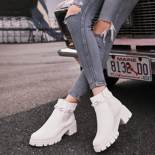 Vista 5 de TINSTREE Botines para mujer tacón bajo con cremallera gruesa estilo Chelsea