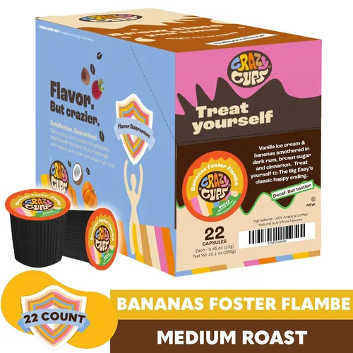 Vista 3 de Crazy Cups - Cápsulas de café descafeinado con sabor a plátano, café descafeinado con sabor a Bananas Foster Flambée, café tostado medio de una sola
