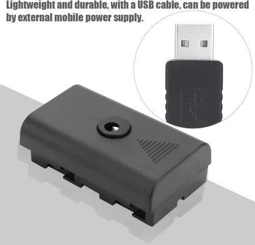 Vista 2 de NPF - Fuente de alimentación externa de batería ficticia, acoplador de batería ficticia para NPF550 F570 F770 F750 F970 F990 con cable USB