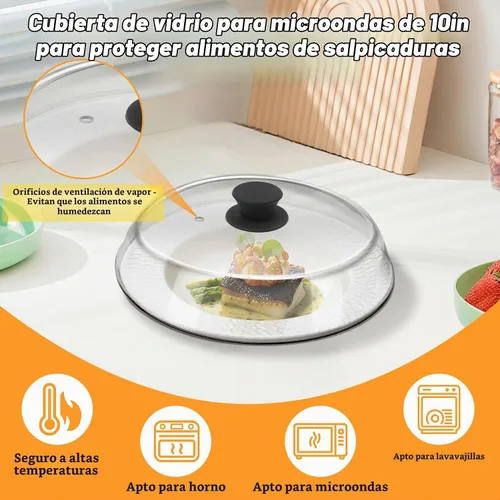 Vista 2 de Tapa de 10 Pulgadas de Vidrio para Microondas con Protección contra Salpicaduras para Alimentos con Alfombrilla de Silicona, Tapa de 10 Pulgadas