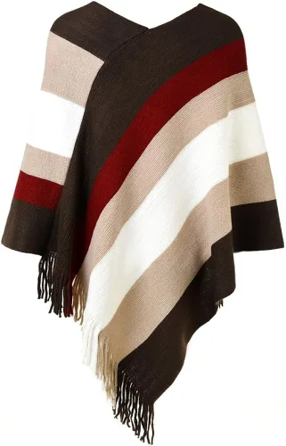 Vista 2 de Ferand - Poncho tejido elegante para mujer con diseño de rayas y extremos con flecos