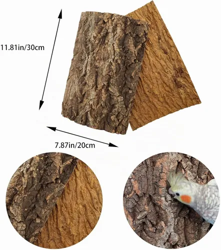 Vista 6 de Paquete de 2 perchas de corcho 100% natural de 12 x 8 pulgadas, tablas de asiento de corcho para pájaros, accesorios de decoración de corteza