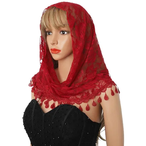 Vista 3 de Eaytmo Mass Veil - Bufanda latina de encaje para mujer, diseño de catedral, color rojo