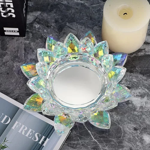 Vista 6 de OwnMy Portavelas de flor de loto de cristal para velas de pilar de hasta 3 pulgadas, portavelas votivas de pétalo de loto de vidrio decorativo