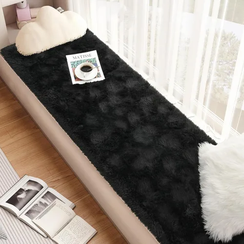 Vista 3 de Terrug Alfombra Corredor Negra Esponjosa para Dormitorio, 2x6 Pies Lindas Alfombras de Área de Pelo Largo para Pasillo, Alfombra de Felpa Suave