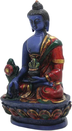 Vista 3 de DharmaObjects Estatua de Buda de medicina curativa tibetana pintada a mano Nepal