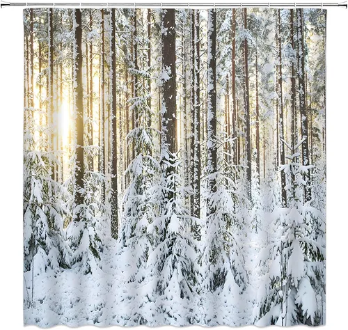 Vista 9 de Cortina de ducha pequeña, árbol, pájaro, ciervo, bosque, cabaña de árbol, vida silvestre, naturaleza, escénico, rústico, invierno, vacaciones