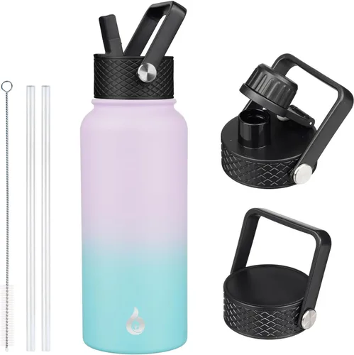 Vista 81 de BJPKPK Botellas de Agua Aisladas con Tapa de Pajita, Botella de Agua de Acero Inoxidable de 18oz, Termo Frío Caliente con 3 Tapas, Vaso de Viaje a