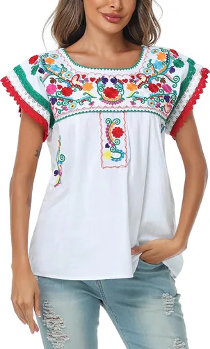 Vista 4 de YZXDORWJ Blusa tradicional colorida con encaje bordado mexicano para mujer, camiseta tricolor para el día de la independencia mexicana
