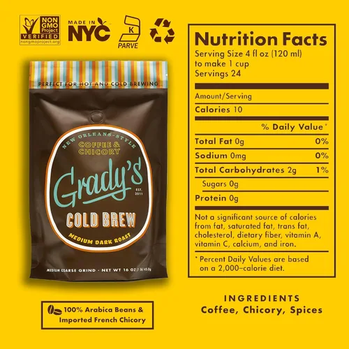 Vista 2 de GRADY'S COLD BREW, New Orleans Style, 100% arábica café tostado oscuro medio y achicoria, molido para café caliente y cerveza fría, bolsa de una
