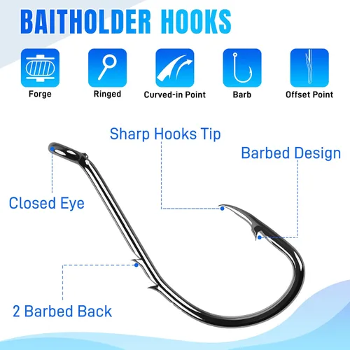 Vista 7 de Octopus Baitholder Fishing Hooks Sharp Barbed Beak Fish Hooks Circle Hook High Carbon Steel Extra Sharp Closed Eye J Hook Size: 8# - 6/0#