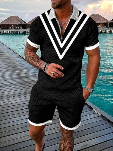Vista 2 de Conjunto de pantalones cortos para hombre, conjunto de 2 piezas, chándal de verano, manga corta, polo y pantalones cortos, conjunto deportivo casual