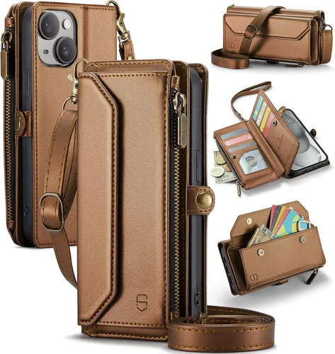 Vista 25 de Strapurs - Funda magnética desmontable para iPhone 15, color negro Compatible with Magsafe, Crossbody Wrist Strap, RFID Blocking 9-Card Holder