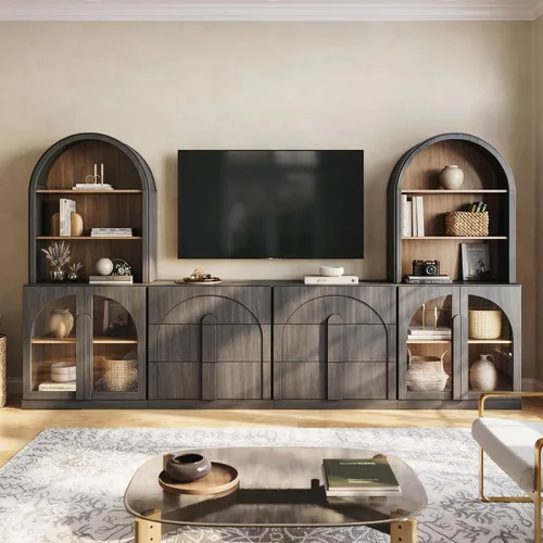 Vista 65 de BELLEZE Centro de entretenimiento modular de 4 piezas con almacenamiento, 2 vitrinas de madera moderna con gabinete arqueado y 2 armarios de puerta