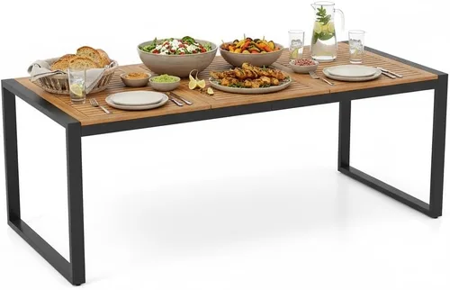 Vista 11 de Tangkula Mesa de comedor de madera de acacia de 55 pulgadas para 6, mesa rectangular para exteriores con patas de metal resistente y agujero