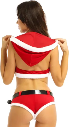 Vista 5 de YiZYiF Conjunto de ropa interior de Navidad para mujer, diseño de Papá Noel con capucha y muñecos