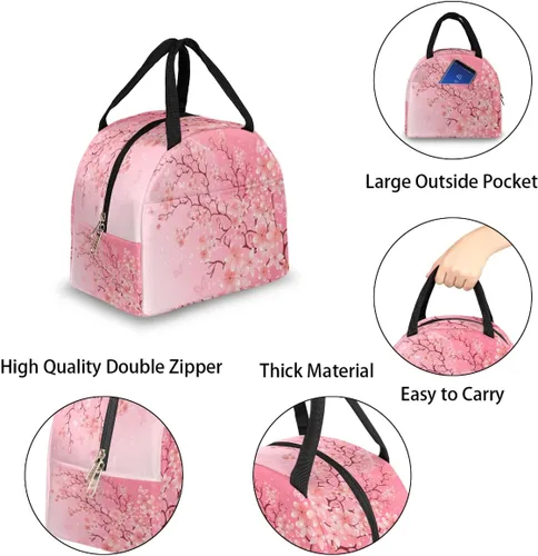 Vista 5 de AUUXVA Bolsa de almuerzo japonesa con diseño de flor de cerezo para mujeres, hielera, reutilizable, bolsa de almuerzo portátil para niños, niñas