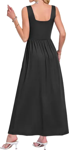 Vista 3 de AUSELILY Vestido largo con cuello cuadrado para mujer, sin mangas, floral, holgado, con bolsillos